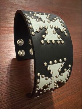 Black Leather Studded Cuff Bracelet with Cross Design